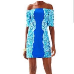 EUC Lilly Pulitzer Tiana Brilliant Blue Moon Jellies Off Shoulder Dress, Size L